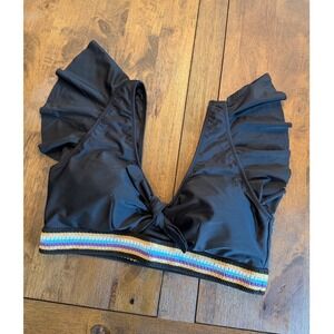 Blooming Jelly Bikini Top Black Ruffle Shoulder‎ Knot Front Multi Stripe Band XL